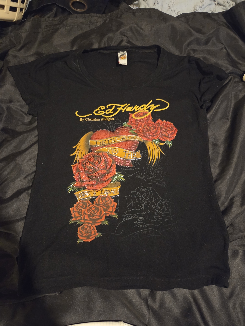 Ed Hardy By Christian Audigier Black Tee with Yellow and Red Logo Tag